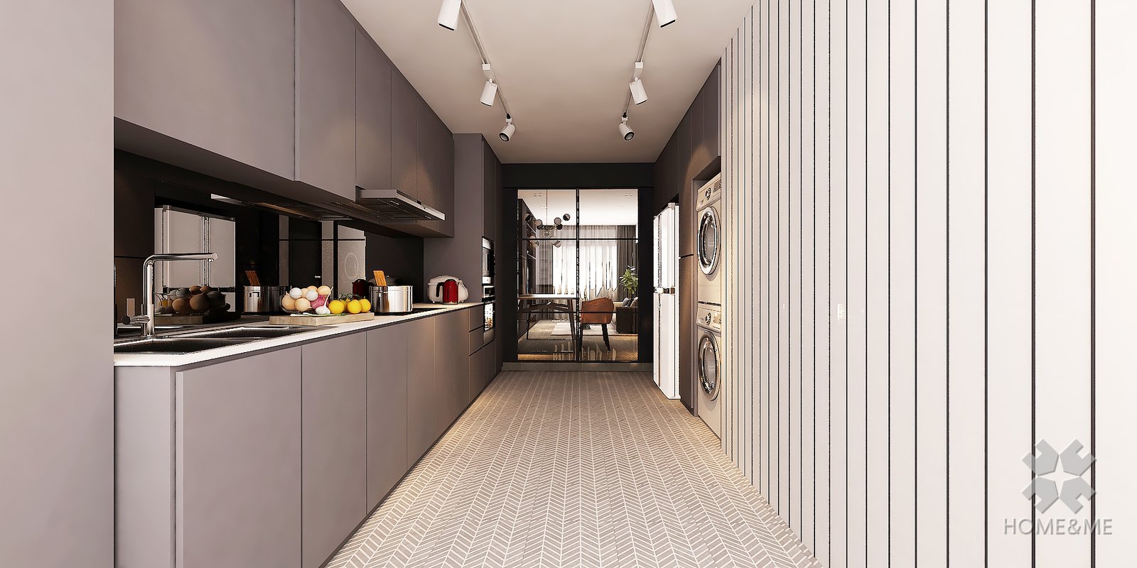 Home & Me contemporary kitchen project visual showing a long worktop, passage and doorway beyond