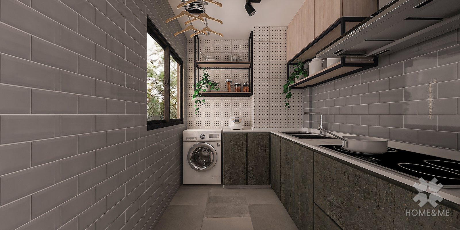 Home & Me industrial kitchen project visual with worktops, appliances, a window and a narrow passage