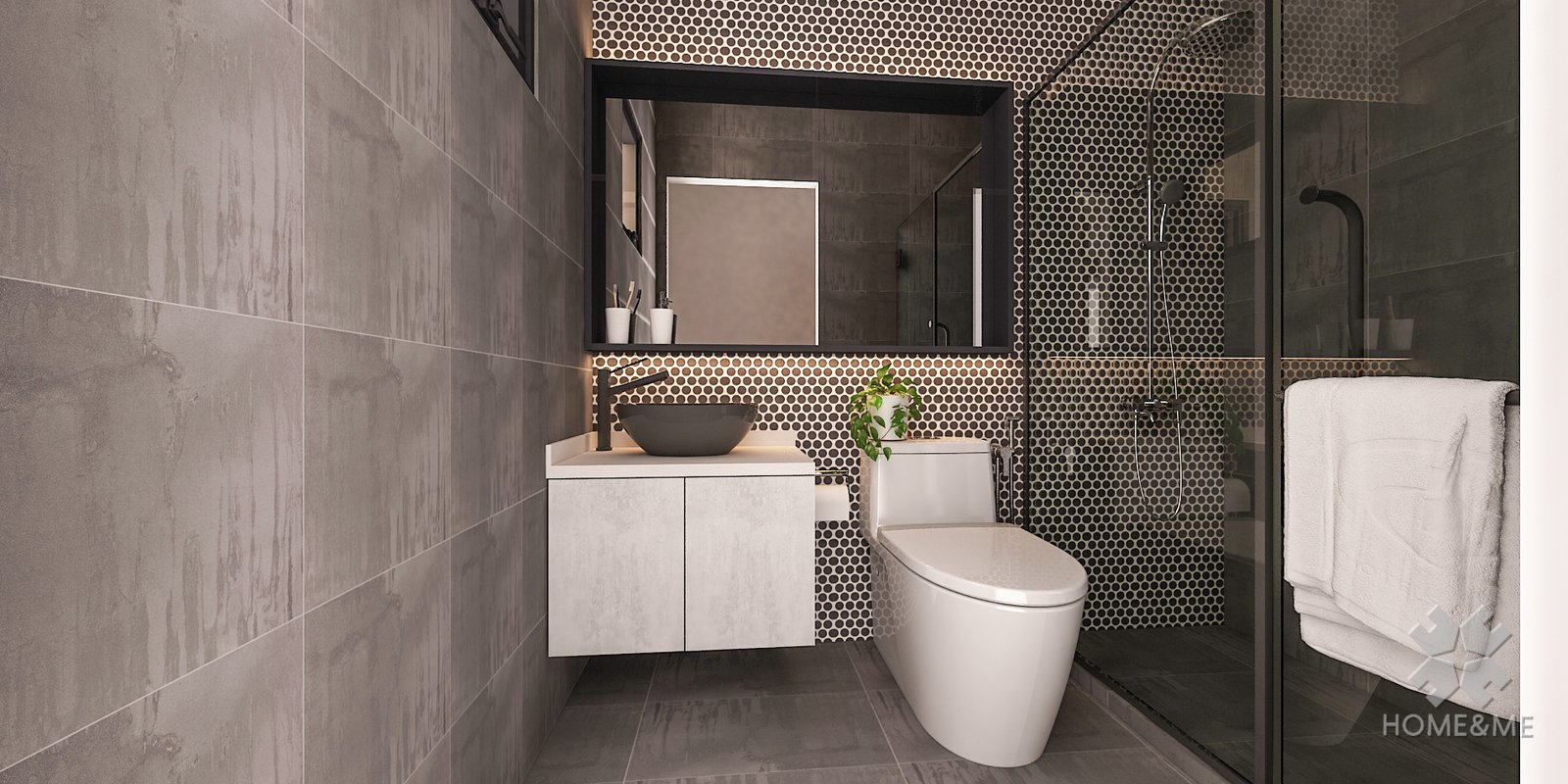 Home & Me industrial bathroom project visual showing fixtures, wall finishes and a shower zone
