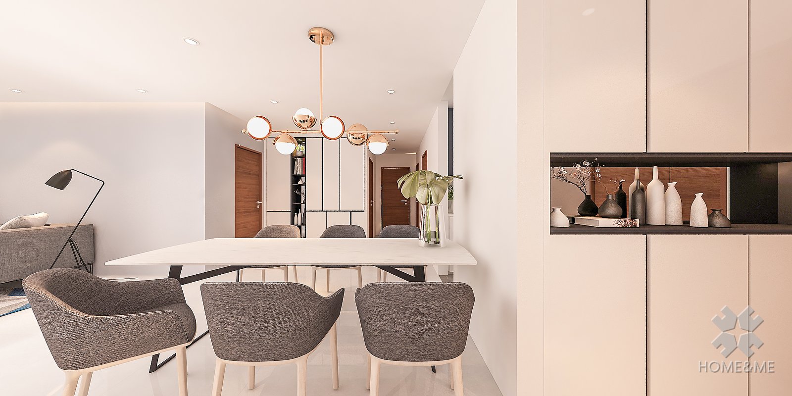 Home & Me minimalist dining project visual with an island, stools, storage and a passage beyond