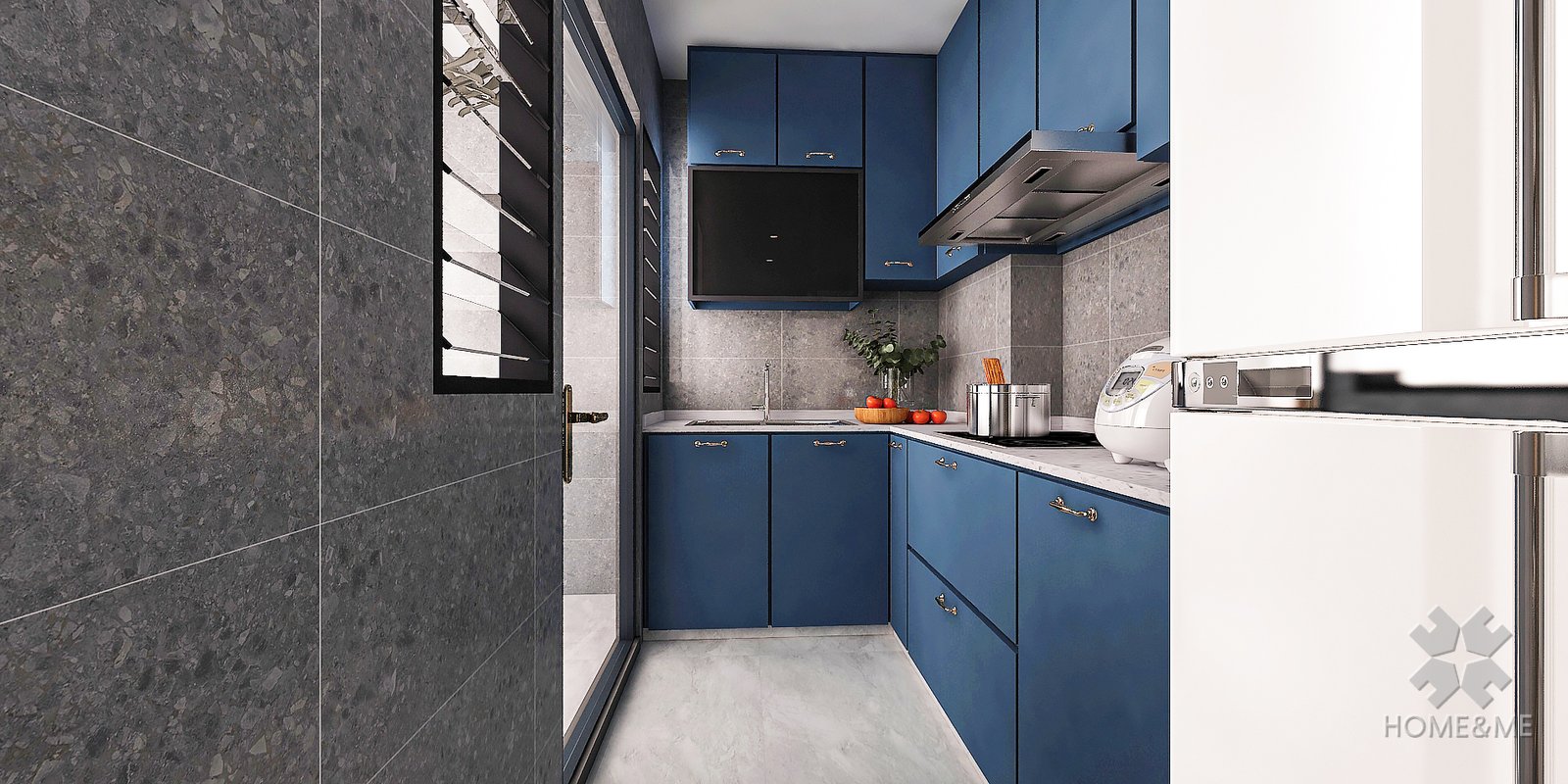 Home & Me modern classic kitchen project visual showing cabinetry, appliances and a window