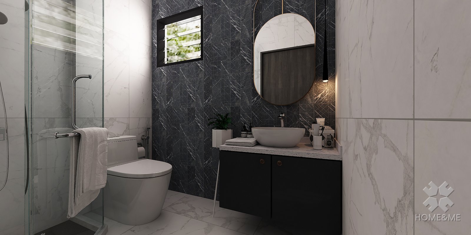 Home & Me modern classic bathroom project visual with a vanity, toilet, shower screen and dark wall finishes