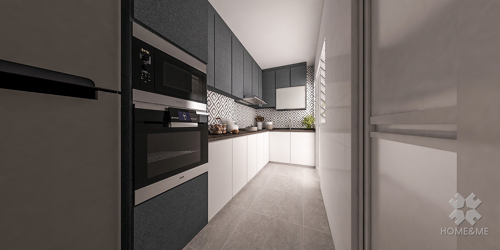 Home & Me modern Oriental kitchen project visual with tall cabinetry, appliances and a central walkway