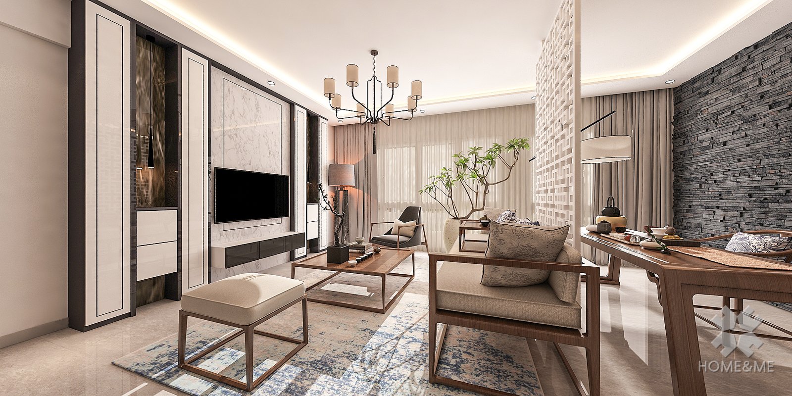 Home & Me modern Oriental living room project visual showing seating, storage and dining zones