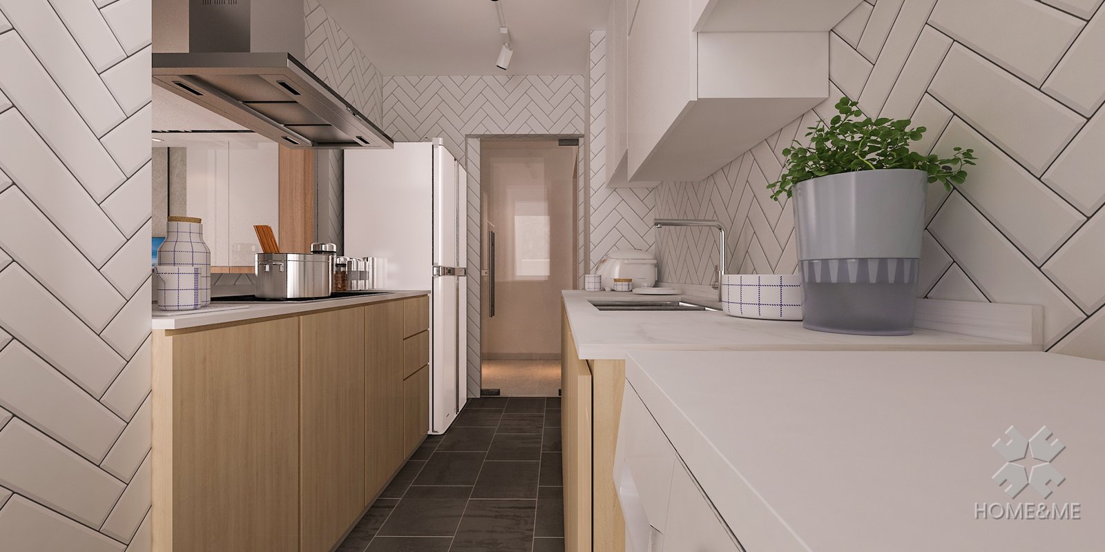 Home & Me Scandinavian kitchen project visual showing two work zones and the walkway between them