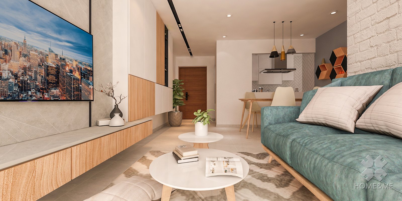 Home & Me Scandinavian living room project visual with a sofa, television wall, storage and dining area